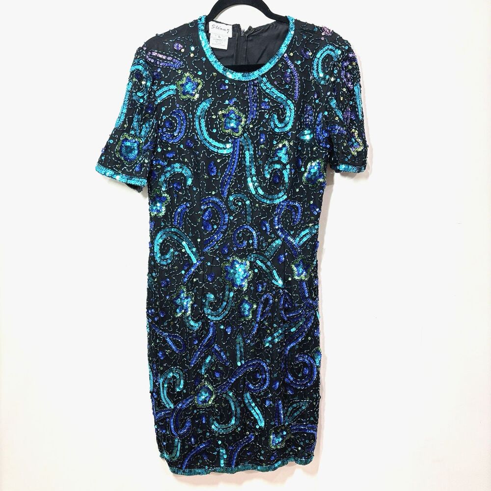 VTG Black Beaded Silk Sequin Multicolor Dress Short Sleeve Cocktail Party sz L